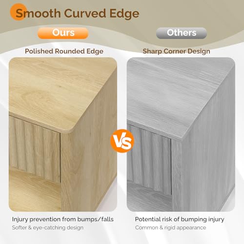 VINGLI Nightstand with Charging Station, LED Nightstand Fluted with Rounded Edge, 19" W Mid Century Modern Night Stand for Bedroom, Fluted Bed Side Table, Oak, 18.9" W*15" D*22.4" H - color: Oak, size: 19"W-1 Drawer 1 Shelf