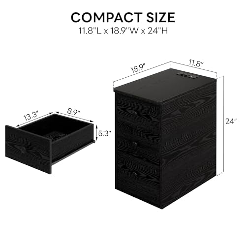 LIKIMIO Nightstand with Charging Station, 3 Drawers Modern for Bedroom - color: Black