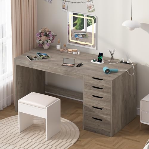 YOMILUVE 47 Inch Computer Desk with 5 Drawers and Power Outlets, Home Office Desks with Storage File Cabinet, Modern Simple Laptop Desk Writing Table for Small Spaces, Grey - color: Grey