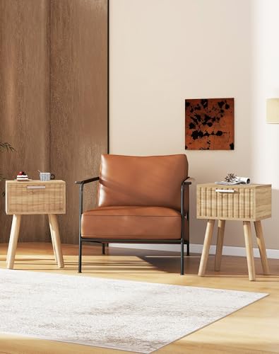 YMYNY Narrow Fluted Nightstand Set of 2, Small End Table, Modern Coffee Table with Drawer, Solid Wood Legs, Retaining Chain, for Bedroom and Small Spaces, Natural UHST014R-2 - color: Natural