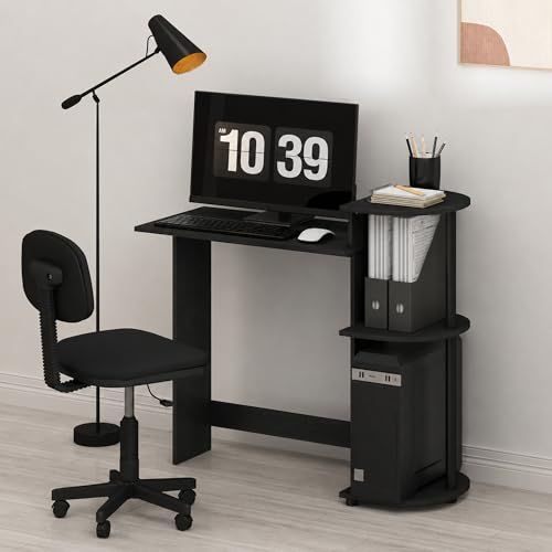 Furinno Compact 29-Inch Black Computer Desk, Gaming Desk with Shelves, Office Desk with Book Shelf, for Home Office, Study Room, Dorm, Bedroom, Dark Americano - color: Dark Americano/Black, size: 28.5-in with 3 Rounded Shelves