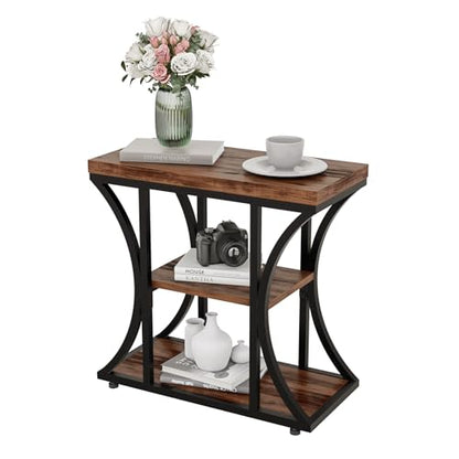 3 Tier End Table with Storage, Narrow End Table for Living Room and Bedroom, Small Space Wood and Metal Side Table, Rustic Brown - color: Rustic Brown