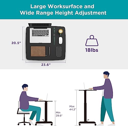 Kantek Mobile Sit Stand Laptop Cart, Adjustable Height (29"-49"), Rolling Laptop Computer Workstation 23.6" x 20.5", Foot Pedal Control, Steel Frame, Black - color: Black, style: Compact