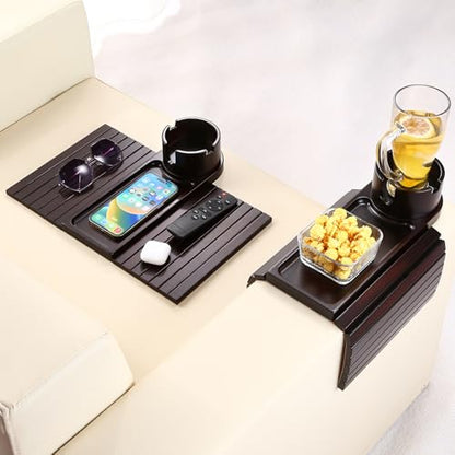 Couch Cup Holder Tray, 15.75" Bamboo Cup Holder for Couch, 3 in 1 Foldable Arm Chair Clip on Side Tray Table for Remote Snack Table on Armrest - color: Black Walnut