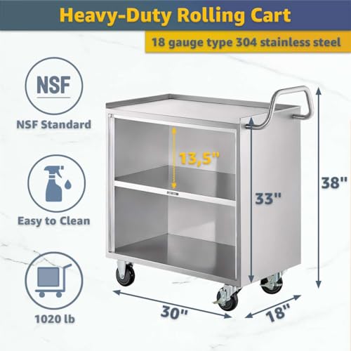 18" x 30" Stainless Steel Utility Cart with Enclosed Base and Open Front - 3 Shelf Heavy-Duty Commercial Service Cart - NSF Rolling Cart for Kitchen, Catering, Restaurant Storage - size: 3 Shelf