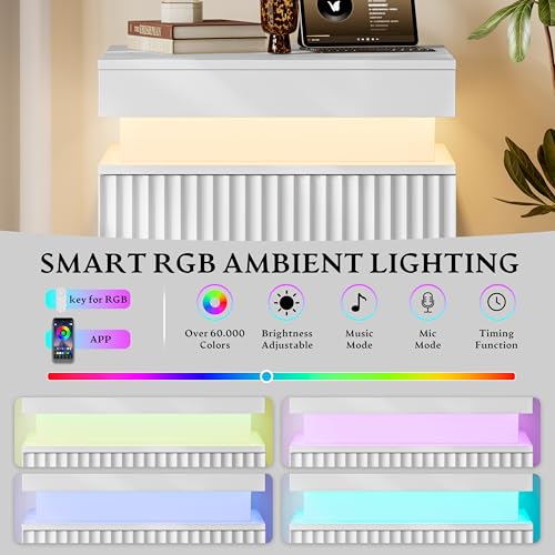 Xixini Nightstand with Charging Station and RGB LED Lights, Fluted 3-Drawer Bedside Table with Sliding Top, Wooden End Table for Bedroom, Living Room, White - color: White