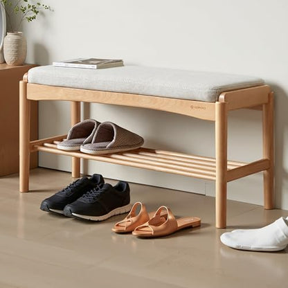 Oak Wood Shoe Bench, 32 Inch Entryway Bench with Light Gray Cushion | Wider oak bench with visible grain and soft cushion provides comfortable seating with natural modern style. - color: Natural + Light Gray Cushion, size: 31.49"