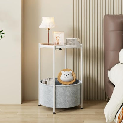 Small Round Side Table with Felt Storage Basket and Removable Tray | Accent Table, Metal End Table with Adjustable Feet, Side Table for Nursery, Bedroom, Living Room, Laundry Room, White - color: White