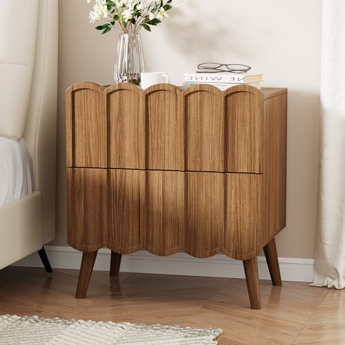 Modern Fluted Nightstand for Bedroom, Walnut Wood Bedside Table | Wood End Side Table with Arch Curved Design, Night Stand with 2 Drawer - color: Brown, size: 1 Pack