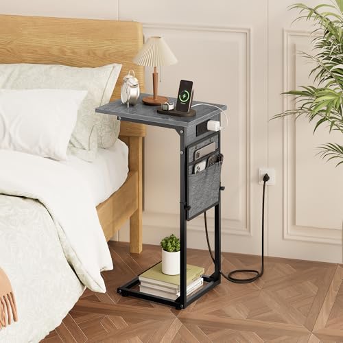 C-Shaped End Tables Set of 2 with Charging Station, 33'' Tall C Table Adjustable Height Side Table for Couch, Small Couch Table that Slide Under Sofa, TV Trays for Living Room, Gray Walnut - color: 2pc Gray Walnut, style: With Plug