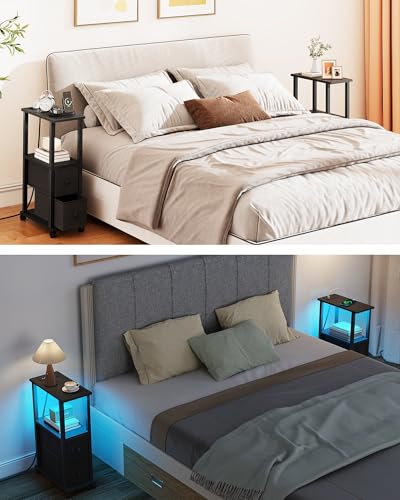 TUTOTAK Small Narrow End Tables, LED Side Tables with 2 Fabric Drawers, Set of 2, Bedside Tables with Charging Station for Small Spaces, Slim Nightstands with USB Ports and Wheels, TB01BK053L - color: Black, style: with LED Light & Outlets