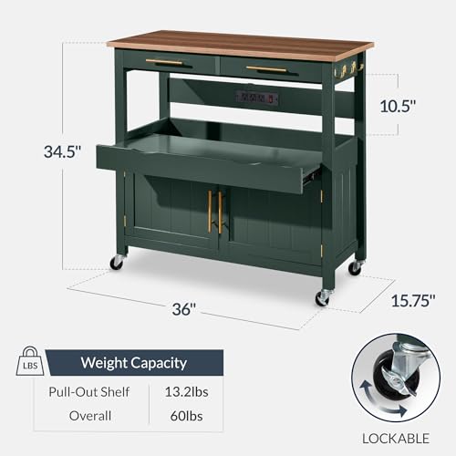 Best Choice Products 36in Large Rolling Kitchen Island Cart, 2-Door Cabinet, 2 Drawers, Pull-Out Shelf, Power Outlet, Hooks, & Swivel Lockable Wheels - Forest Green - style: Forest Green