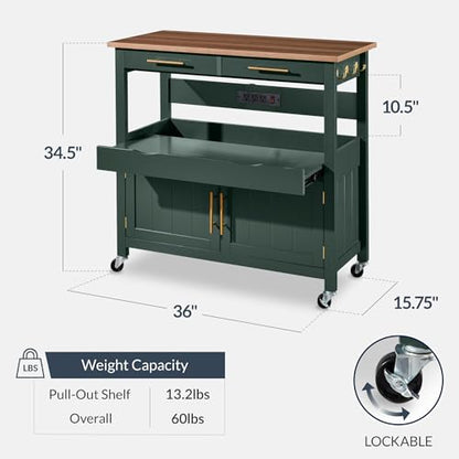 Best Choice Products 36in Large Rolling Kitchen Island Cart, 2-Door Cabinet, 2 Drawers, Pull-Out Shelf, Power Outlet, Hooks, & Swivel Lockable Wheels - Forest Green - style: Forest Green