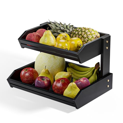 HOLANA Acacia 2 Tier Fruit Basket for Kitchen Counter Organizer – Wooden Fruit Bowl for Kitchen Counter Storage, Wooden Basket for Vegetable & Produce Storage, Snack Organizer for Countertop (Black) - color: Black, size: 2 Tier