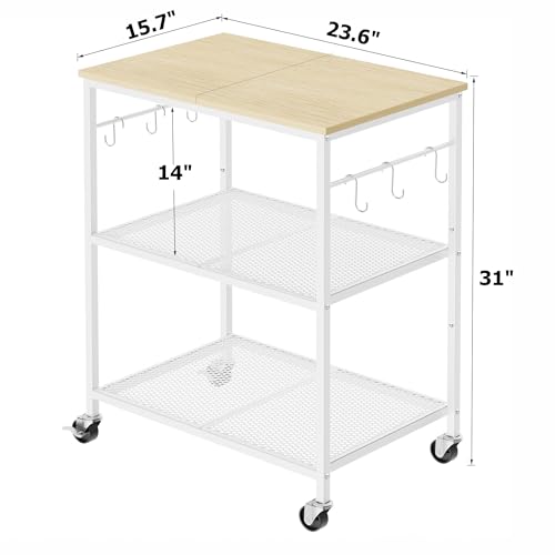 Homleke 3-Tier Rolling Kitchen Microwave Cart, Kitchen Utility Cart on Lockable Wheels, Coffee Bar Table Station with 6 S-Shaped Hooks, Small Appliance Storage Shelf, White and Natural KC40D - color: White and Natural, size: 3-Tier