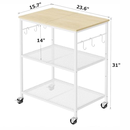 Homleke 3-Tier Rolling Kitchen Microwave Cart, Kitchen Utility Cart on Lockable Wheels, Coffee Bar Table Station with 6 S-Shaped Hooks, Small Appliance Storage Shelf, White and Natural KC40D - color: White and Natural, size: 3-Tier