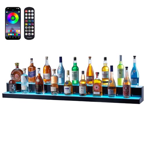 VEVOR LED Lighted Liquor Bottle Display, 2 Tiers 60 Inch Commercial Illuminated Home Bar Shelf, 2 Steps Whiskey Rack Stand, Acrylic Drink Shelves with RF Remote & App Control, and Multicolor Light - size: 2 Step 60 Inches