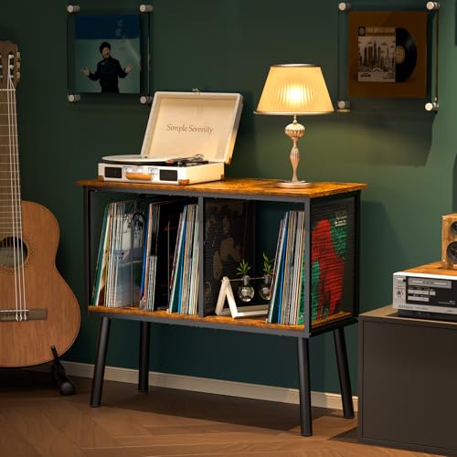 Record Player Stand with Adjustable Divider Vinyl Storage Holder Up to 200 Albums Mid-Century Large Record Player Table Vinyl Holder Turntable Stand End Table for Bedroom & Living Room, Patent Pending