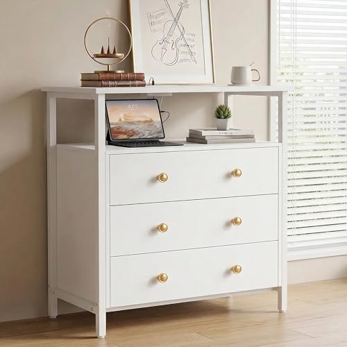 Edbuosy 3 Wooden Drawers Night Stand, 27 Inch Wide Nightstand with Charging Station and Adjustable Drawers, Small Dresser for Closet, Bedside Table for Living Room/Bedroom/Office, White - color: White, size: 27"W-3 Drawers