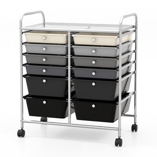 COSTWAY 12-Drawer Rolling Storage Cart, Moveable Art Craft Organizer | Lockable Wheels, Metal Shelf, Files Arrangement Tools Makeup Storage Cart for Office, Home, School (Mixed Black) - color: Mixed Black, size: 12 Drawer
