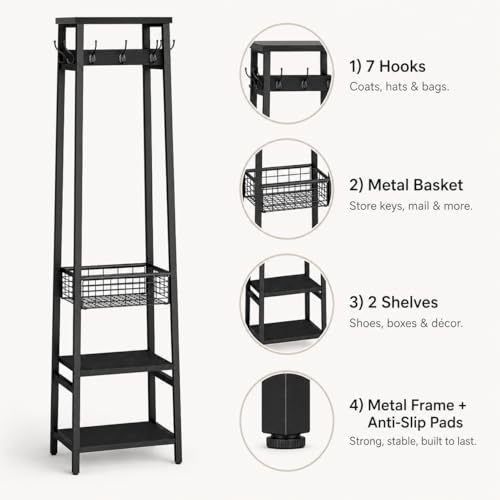 Coat Rack Freestanding, Coat Stand with Metal Basket and Storage Shelves, Hall Tree Free Standing with and 7 Hooks, Clothes Rack Stand Organizer, Black - color: Black, style: 2 Shelves + 1 Basket