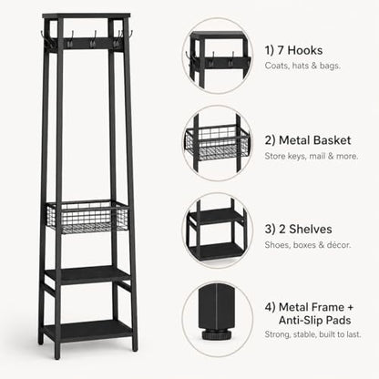 Coat Rack Freestanding, Coat Stand with Metal Basket and Storage Shelves, Hall Tree Free Standing with and 7 Hooks, Clothes Rack Stand Organizer, Black - color: Black, style: 2 Shelves + 1 Basket