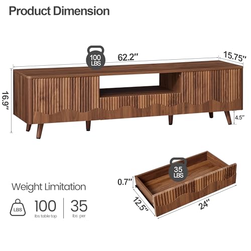 BERRYMERRY Walnut 62.2” Fluted Wave TV Stand for TVs up to 75” | drawer,open shelf,cabinet,round corner,entertainment center,tv console,cable manage,wood