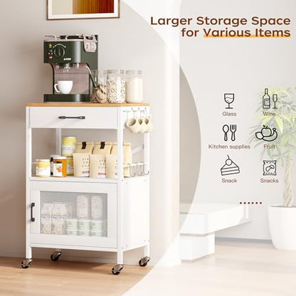 Homeiju Kitchen Island Cart, Kitchen Storage Cart with Drawer, Microwaves Stand, Coffee Cart, Rolling Kitchen Cabinet Cart with Hooks for Kitchen, Dining Room, White - color: White