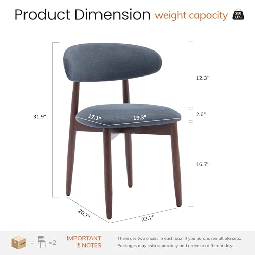 COLAMY Mid-Century Modern Wooden Dining Chair Set of 4, Indoor Upholstered Kitchen Chairs with 2.6" Cozy Padded Seat, Walnut Finish Side Dining Chair, [Blue] - color: Blue, size: 4 Chairs