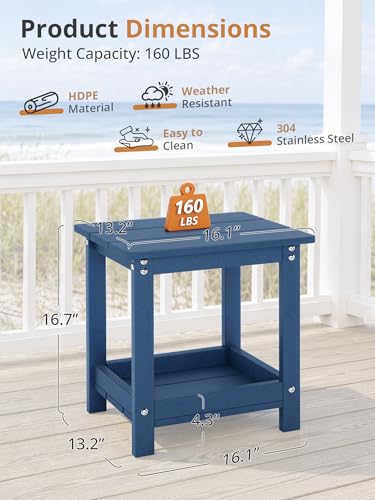 LUE BONA Small Outdoor Side Table, 2-Tier HDPE with Rail, Prussian Blue | Outdoor End Table with Rail for Patio, Deck, Poolside, Weather Resistant HDPE, Low Maintenance, Easy to Clean - color: Prussian Blue