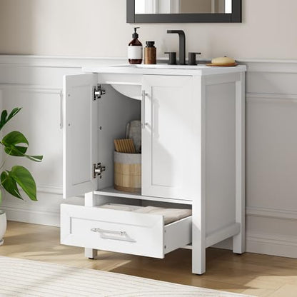 IDEALHOUSE 24" Bathroom Vanity with Sink, Freestanding Wooden Bathroom Vanity Cabinet with Soft-Closing Door and Metal Handle, Modern Floor Standing Storage for Small Spaces,White - size: 24in