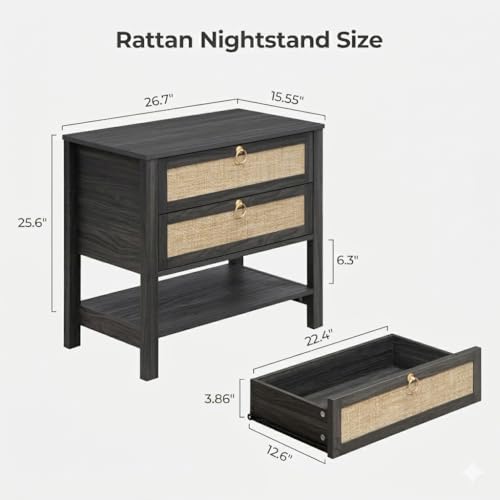 SICOTAS 26.7" Wide Rattan Nightstand with 2 Drawers & Open Shelf End Table | Large Night Stand with Storage Shelf, Coastal Boho Bedside Table for King Bed, Bedroom, Guest Room, Apartment, and End Table - color: Obsidian
