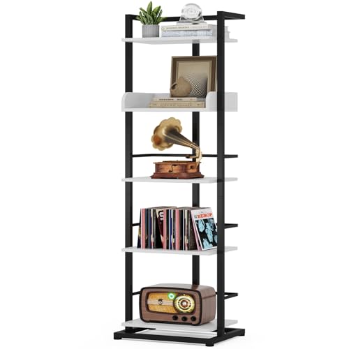 Hosfais Book Shelf Tall Bookshelf: 5 Tier Wood Bookcase with Metal Edge Protection Industrial Narrow Bookshelf Corner Storage Organizer Display Book Rack for Living Room Bedroom Office (Black White) - color: Black White
