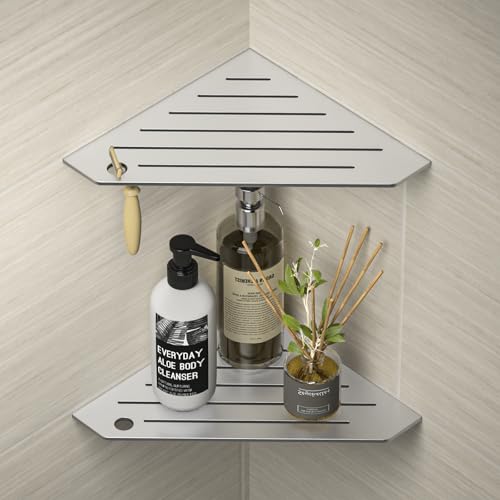 Corner Shower Shelves, Pentagonal Grout in Shelf | w/ Razor Holding Hole, 304 Stainless Steel Bathroom Shelf (Brushed) - color: Brushed