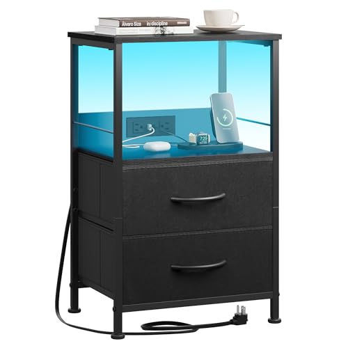 WLIVE LED Night Stand with Charging Station, Black Nightstand with 2 Fabric Drawers and Storage Shelf, Dorm Bedside Table End Table with 2 USB Ports and Outlets, Small Dresser for Bedroom - color: Black