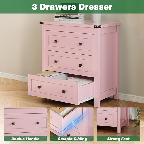 Xixini Farmhouse Nightstand with 3 Storage Drawers, 27.55" Wide Wood Bedside Table, Modern Side Table with Metal Handle, End Table for Bedroom, Pink - color: Pink