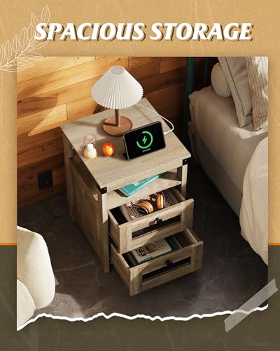 WLIVE Nightstand with Charging Station, Farmhouse End Table, Bed Side Table with 2 Storage Drawers and Open Shelf, Wood Rustic Nightstands for Bedroom, Greige - color: Greige, style: Farmhouse