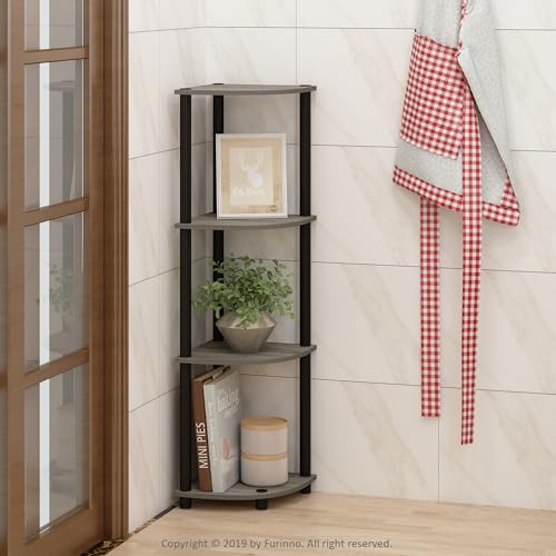 Furinno Turn-N-Tube Toolless Assembly 4-Tier Corner Shelf, Grey Corner Book Shelf, Open Shelves Bookshelf, for Organization and Storage, Living Room, Home Office, Bedroom, Grey Oak - color: Grey Oak/Black, size: 4-Tier Corner