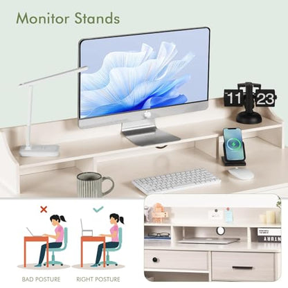 Computer Desk with Drawers and Hutch, Farmhouse Home Office Desk, Wood Student Desk with File Drawer for Bedroom, Writing Table for Small Space, Warm White - color: Warm White