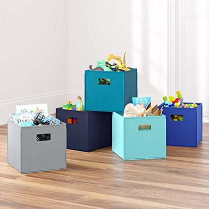 RiverRidge Folding Storage Bins - 2-pack of 10in Tall Blue Cubes | Fabric Bins, Set of 2 Storage Cubes, Cut-out Handles, Playroom Closet Organizer, Collapsible Cubby with Bottom Board Insert - color: 2 Blue 10in H Bins