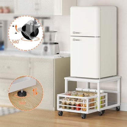 HOOBRO End Table, Mini Fridge Stand with Storage, Mini Fridge Table with Wheels and Adjustable Feet, Sturdy Metal Frame, for Living Room, Bedroom, Office, White WW155TL01 - color: White