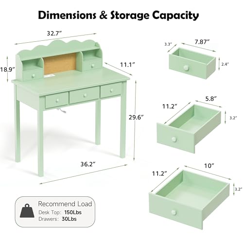FUNKOCO Home Office Furniture Writing Desk, 36 Inch Computer Work Station with Detachable Hutch for Small Place, 5 Drawers(Candy Green) - color: 5-candy Green