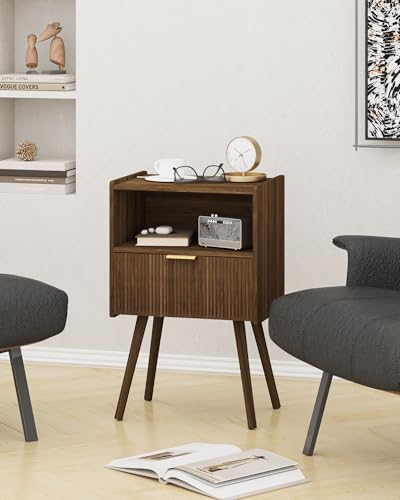 JOONEE Nightstand,Modern Bedside Table with Storage Drawer and Open Wood Shelf, for Living Room, Bedroom and Small Spaces, Accent Night Stand with Solid Wood Legs, Easy Assembly,Walnut Brown - color: Walnut Brown