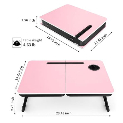 BUYIFY 23.4" Foldable Lap Desk Bed Table with Cup Holder Portable Tray | Folds Flat for Easy Storage, No Assembly Laptop Bed Desk, Sturdy and Lightweight, Patent Design, RosePink - color: Rose Pink