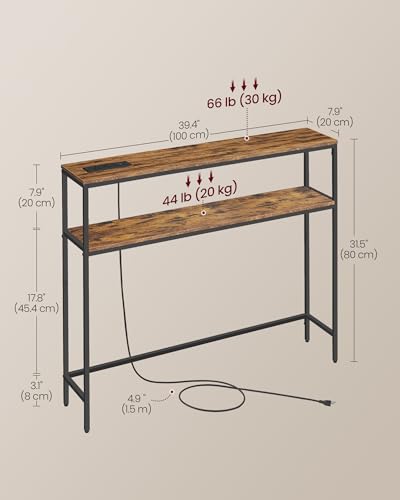 VASAGLE Console Table with Power Outlet, 2-Tier Narrow Sofa Table with 2 Shelves, 7.9 x 39.4 x 31.5 Inches, for Living Room, Hallway, Entryway, Rustic Brown and Ink Black ULNT136K01 - color: Rustic Brown + Ink Black, size: 39.4"W - With Power Outlet