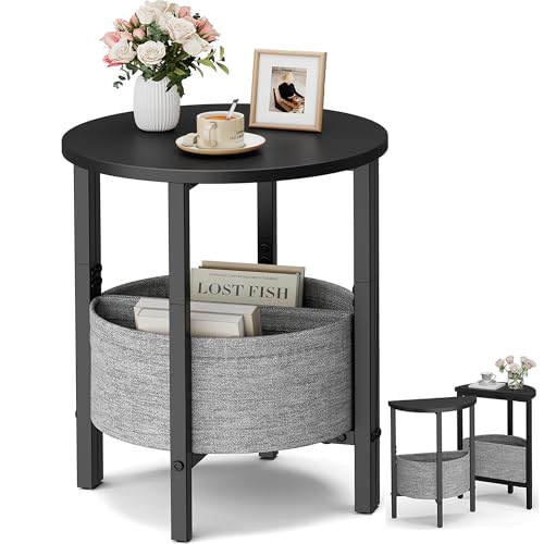 Vagusicc Small Round Side Table End Table, Tall Accent Table with Storage Basket, Set of 2 Half Round Tables Half Moon Tables, Coffee Bedside Tables, Modern Nightstand for Living Room Bedroom, Black - color: Black