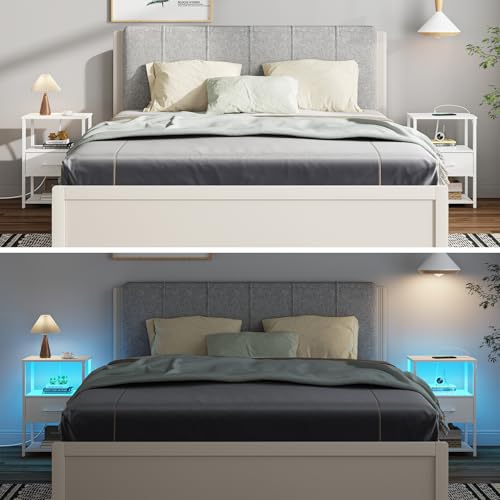 TUTOTAK LED Nightstand Set of 2, Night Stand with Charging Station, End Table, Bedside Table with Fabric Drawer, Side Table for Livingroom and Bedroom, Whtie TB01BW0692L - color: White, style: Plug&LED