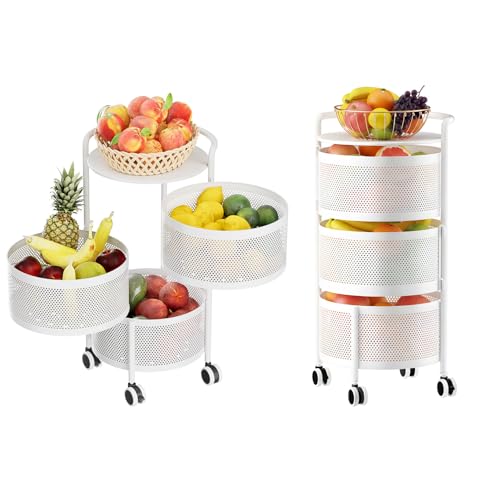 JAQ No Assembly White Rotating Kitchen Storage Organizer, 3-Tier Metal Basket Rack with Wheels, Space Saving Fruit & Vegetable Storage Cart for Small Kitchen, Pantry, White - color: White/3-tier