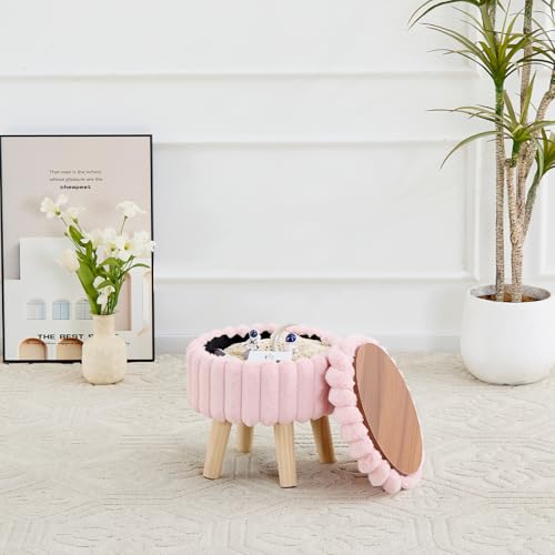Wimarsbon Storage Ottoman, Modern Round Footrest with Soft Padded Seat, Teddy Velvet Footstool with Wood Legs, Accent Small Table or Plant Stand for Hallway, Living Room (Light Pink) - color: Light Pink