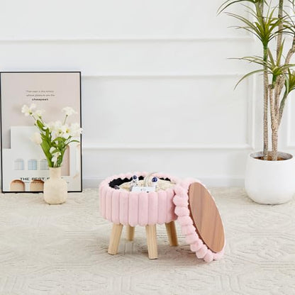 Wimarsbon Storage Ottoman, Modern Round Footrest with Soft Padded Seat, Teddy Velvet Footstool with Wood Legs, Accent Small Table or Plant Stand for Hallway, Living Room (Light Pink) - color: Light Pink